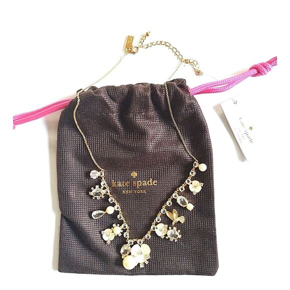 New! KATE SPADE Disco Pansy Flower Bird Crystal Gold-tone Necklace 16" +Extender - Picture 9 of 10